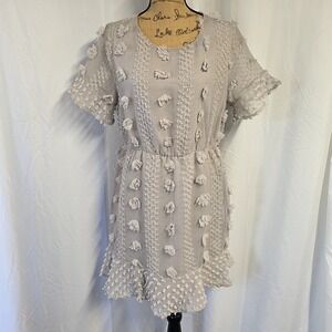 NWT &Merci Womens sz M Dress Gray Swiss Dot Ruffle Short Sleeve Romantic Femine‎